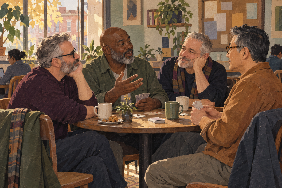Four gay men over 40 talking around a cafe table during a community gathering.