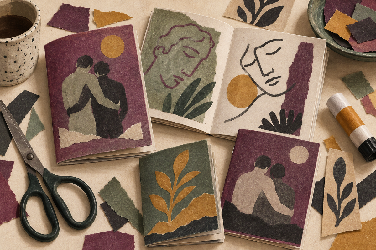 Tactile illustration of handmade booklets, paper offcuts, scissors and a glue stick on a cream tabletop.