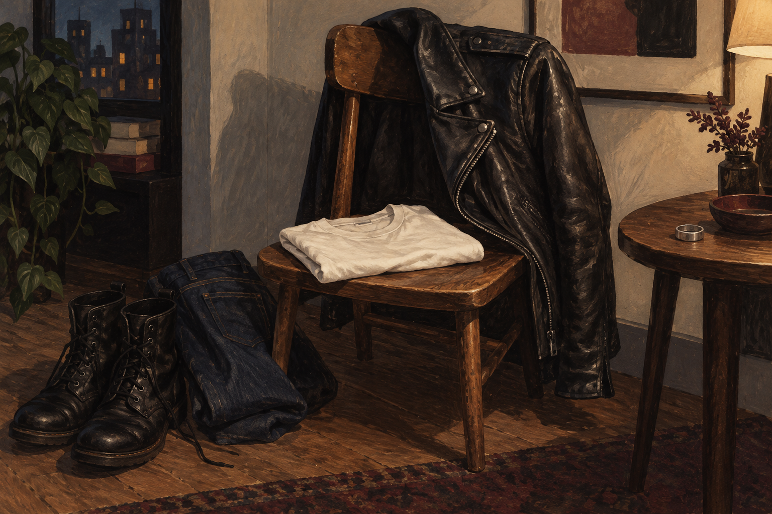 Illustration of a leather jacket, white T-shirt, dark jeans, and black boots arranged around a wooden chair.