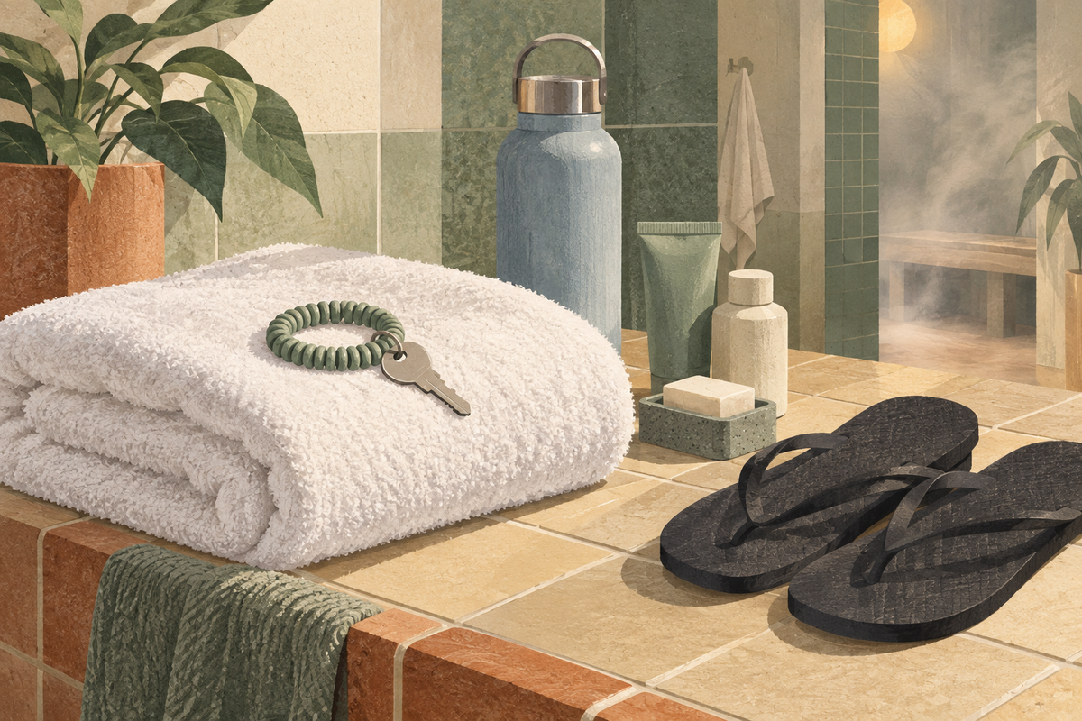 Tactile illustration of folded towels, flip-flops, a locker key, toiletries, and a water bottle in a warm tiled sauna changing area.