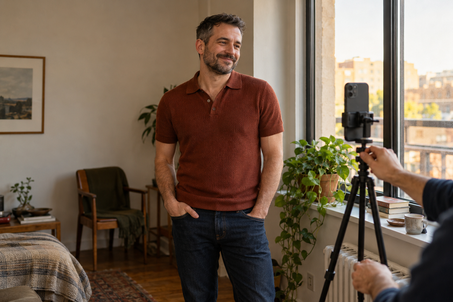 Adult man posing for a dating profile portrait near a window while a friend adjusts a phone on a small tripod.
