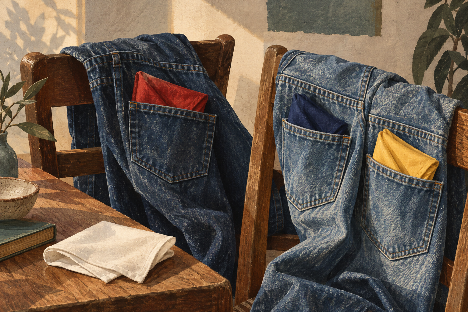 Tactile illustration of colored bandanas tucked into denim back pockets on wooden chairs.