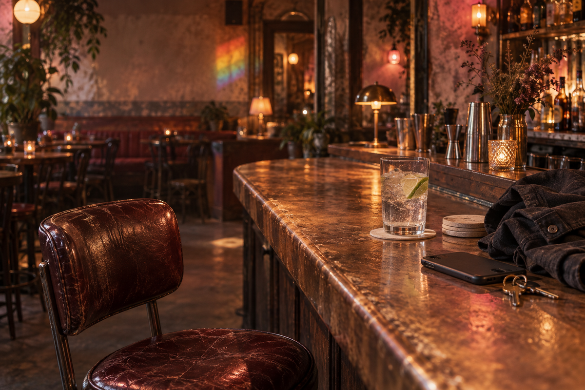 Empty leather bar stool beside sparkling water, a dark overshirt, phone, keys, and coasters in a warm queer bar before the crowd arrives.