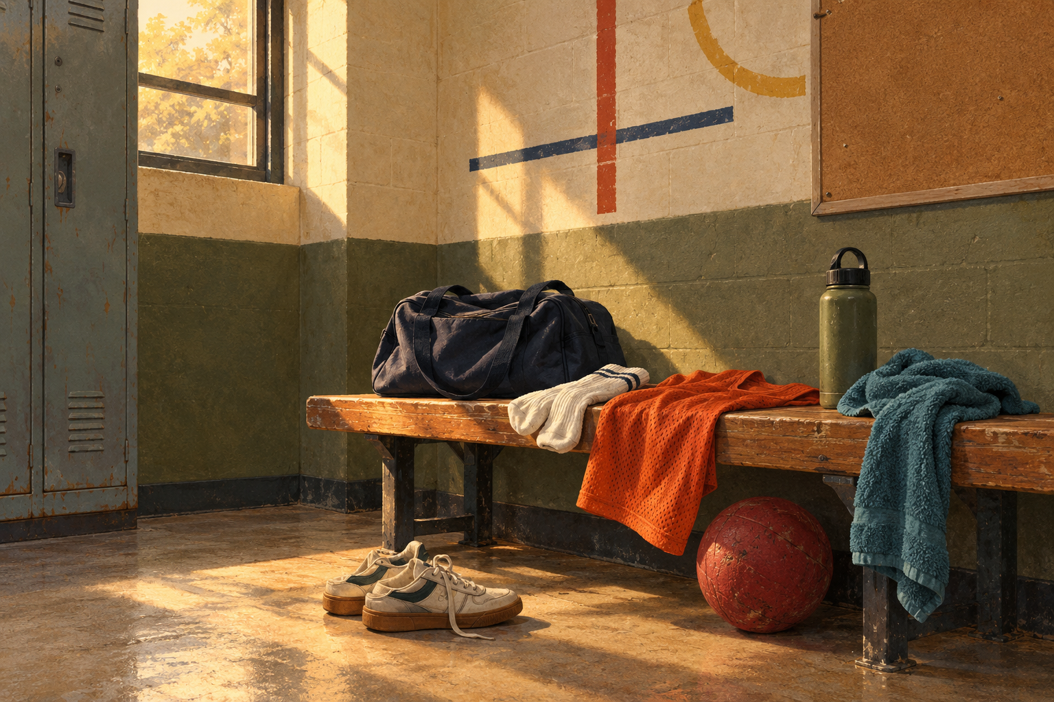 Worn gym bench with a navy bag, orange practice pinnie, socks, towel, water bottle, sneakers, and a scuffed kickball in warm late-afternoon light.
