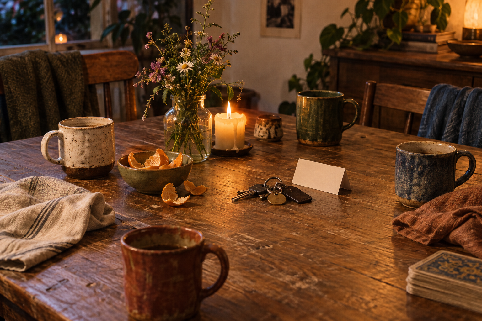 Warm candlelit dining table with mismatched mugs, keys, wildflowers, folded napkins, and a deck of cards after friends gathered.