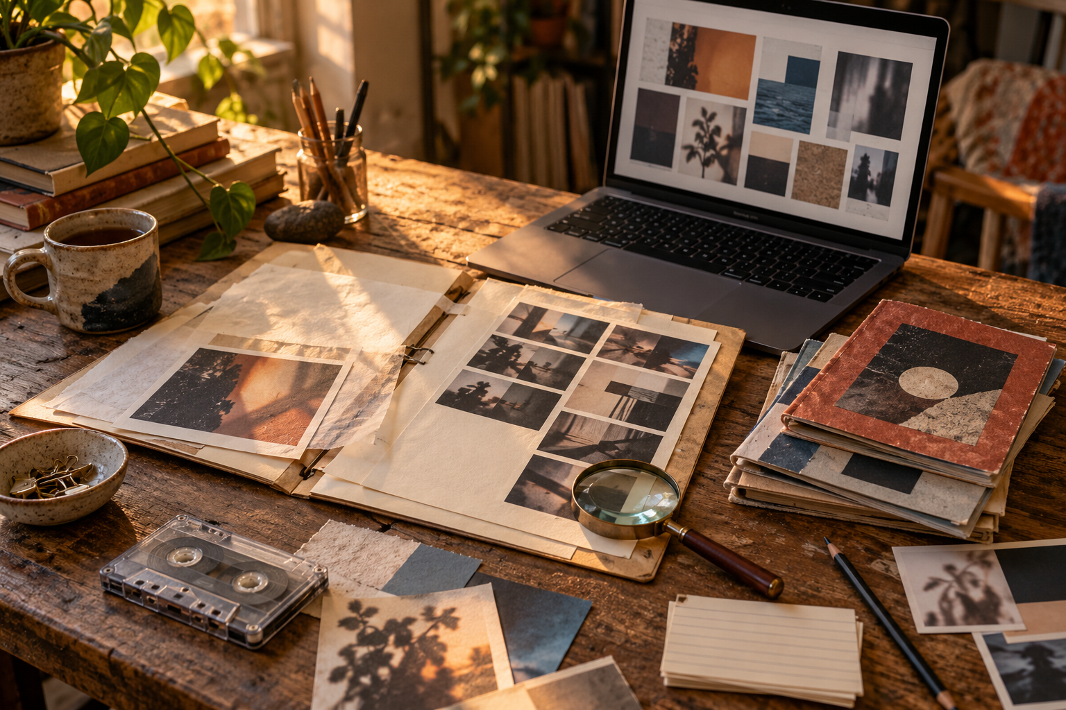 Warm archival workspace with abstract photo sheets, handmade zines, a cassette tape, magnifying glass, index cards, and an open laptop.