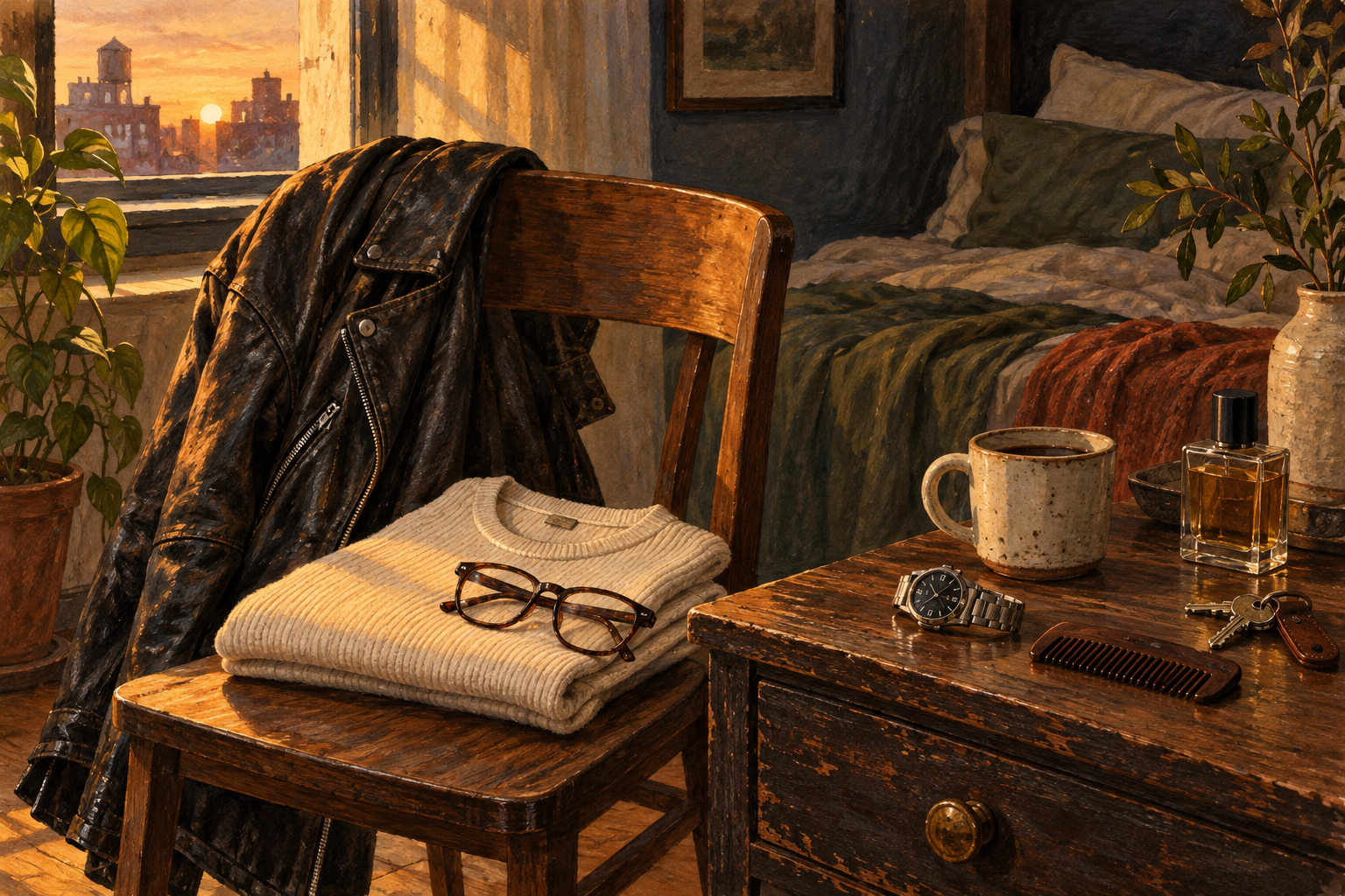 Warm editorial still life with a worn black leather jacket, cream knit shirt, reading glasses, watch, beard comb, coffee, keys, and cologne.
