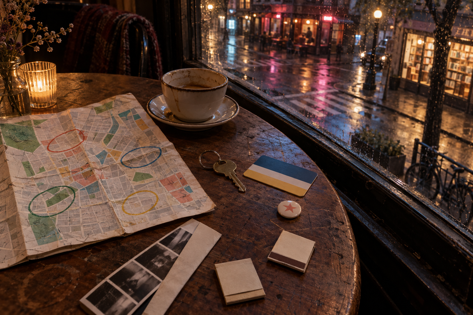 Worn city map, apartment key, transit card, matchbooks, and coffee on a café table beside a rainy neighborhood street at dusk.