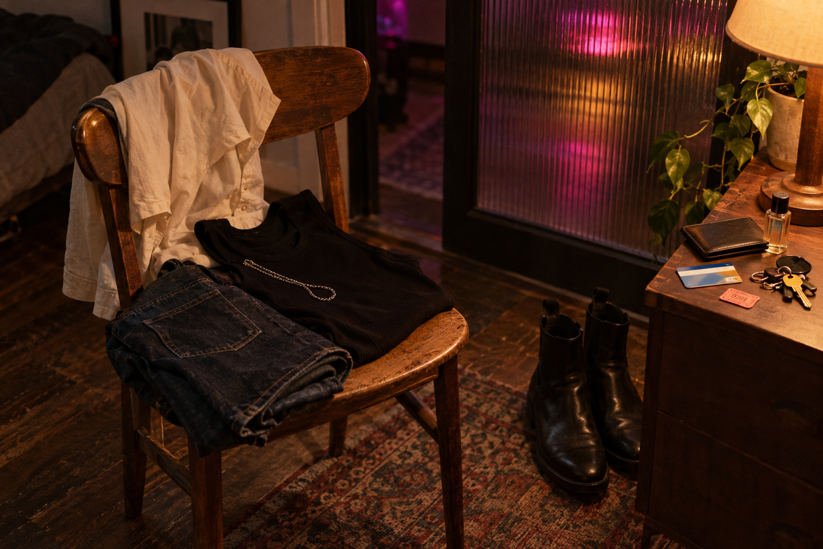 Nighttime still life with dark jeans, a black tank, cream shirt, boots, silver chain, wallet, keys, and warm pink light.